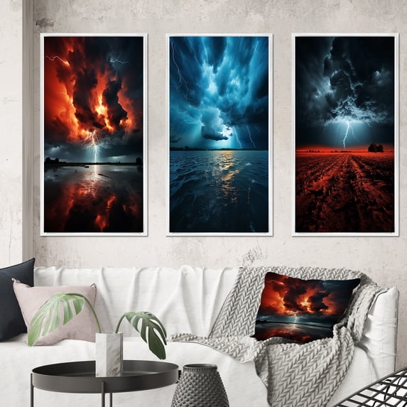 Designart "Thunderous Silence Orange Storms II" Landscape & Nature Framed Wall Art Set Of 3 - Orange Storms Frame Canvas Set For Living Room Decor
