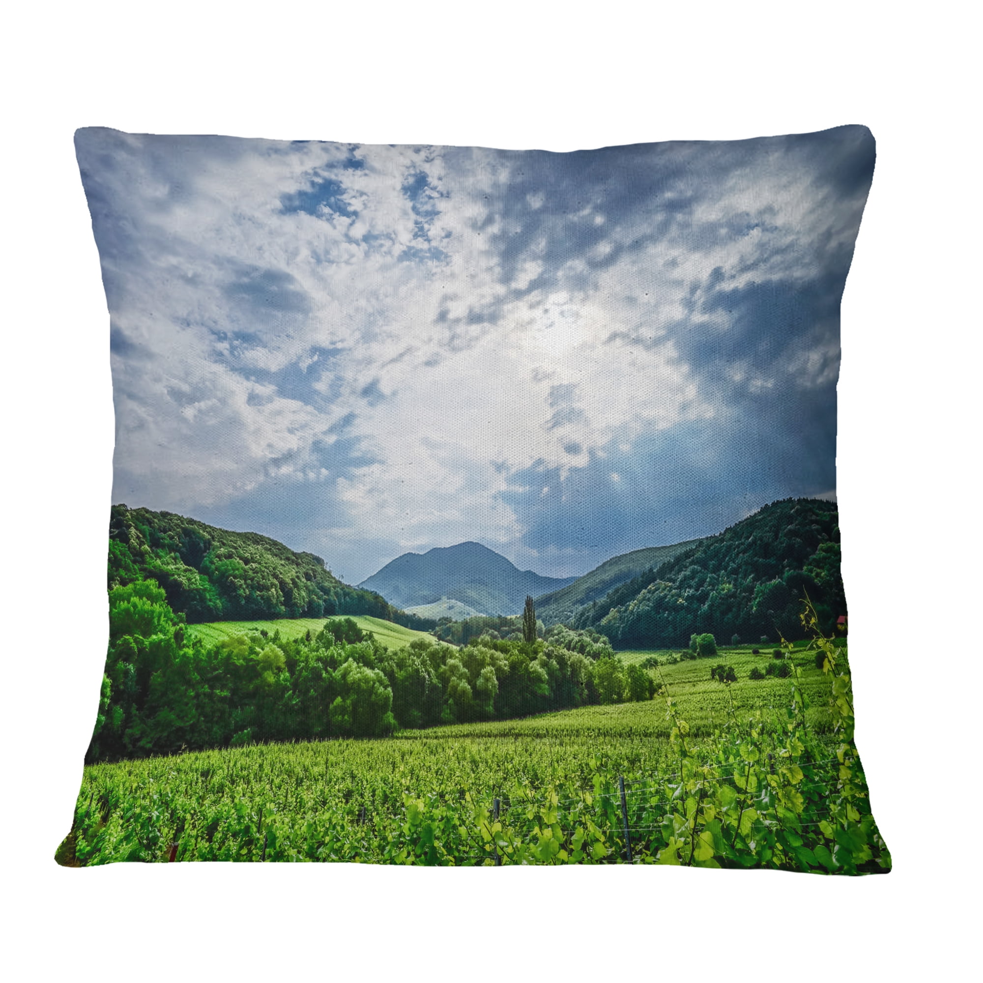 Designart Thunderstorm Weather over Vineyards - Landscape Printed Throw Pillow - 18x18