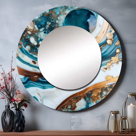 Designart "Tidal Dream Half-Moon Marble I" Abstract Marble Rund Mirror For Wall Decor - Large Blue Round Printed Mirror -Modern Round Living Room Mirror - 23" x 23"
