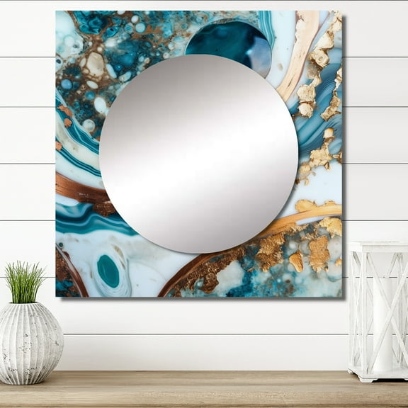 Designart "Tidal Dream Half-Moon Marble I" Abstract Marble Square Mirror For Wall Decor - Large Blue Square Printed Wall Mirror Art - Square Modern Mirror - Wall Mounted Square Large Mirror