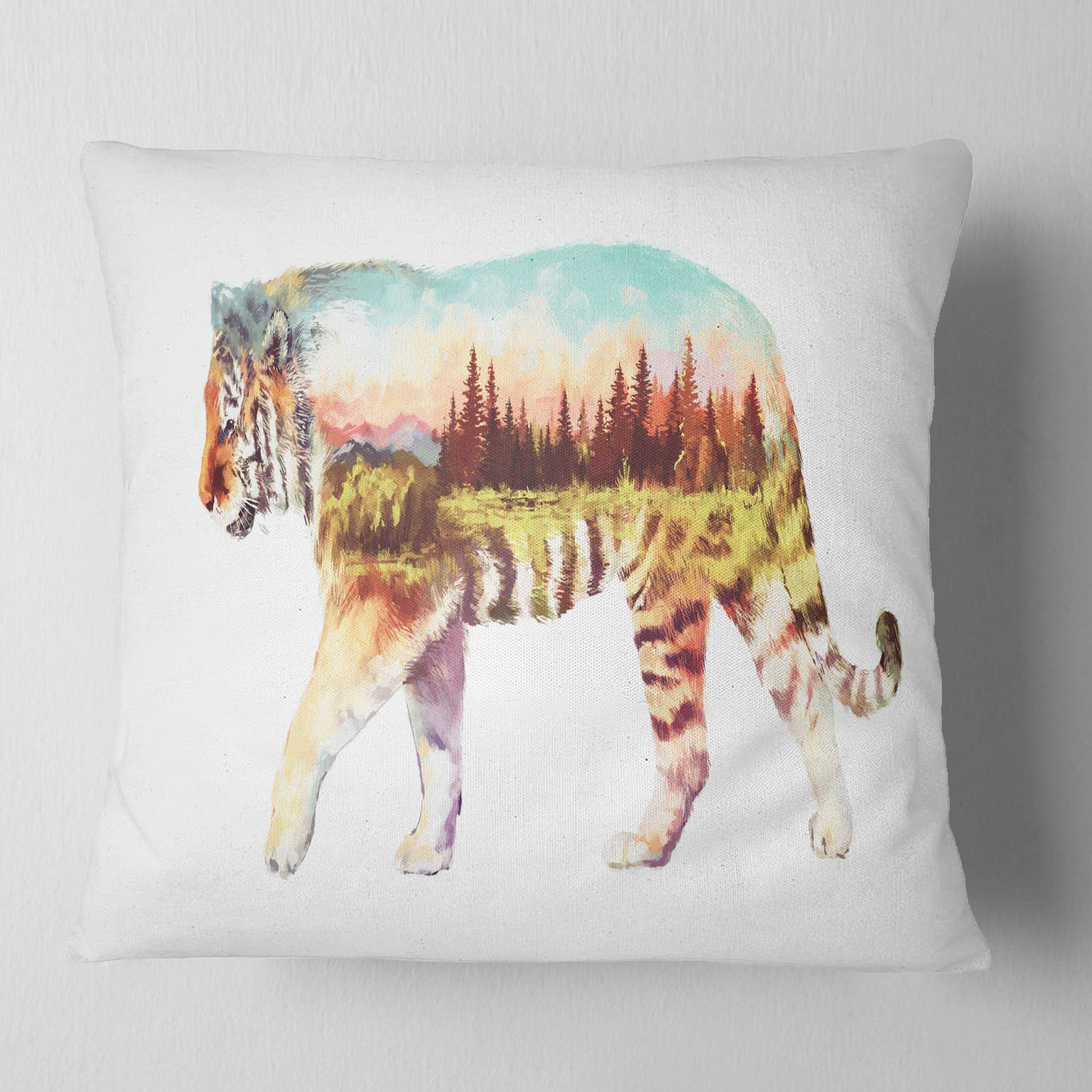 Designart Tiger Double Exposure Illustration - Animal Throw Pillow - 16x16