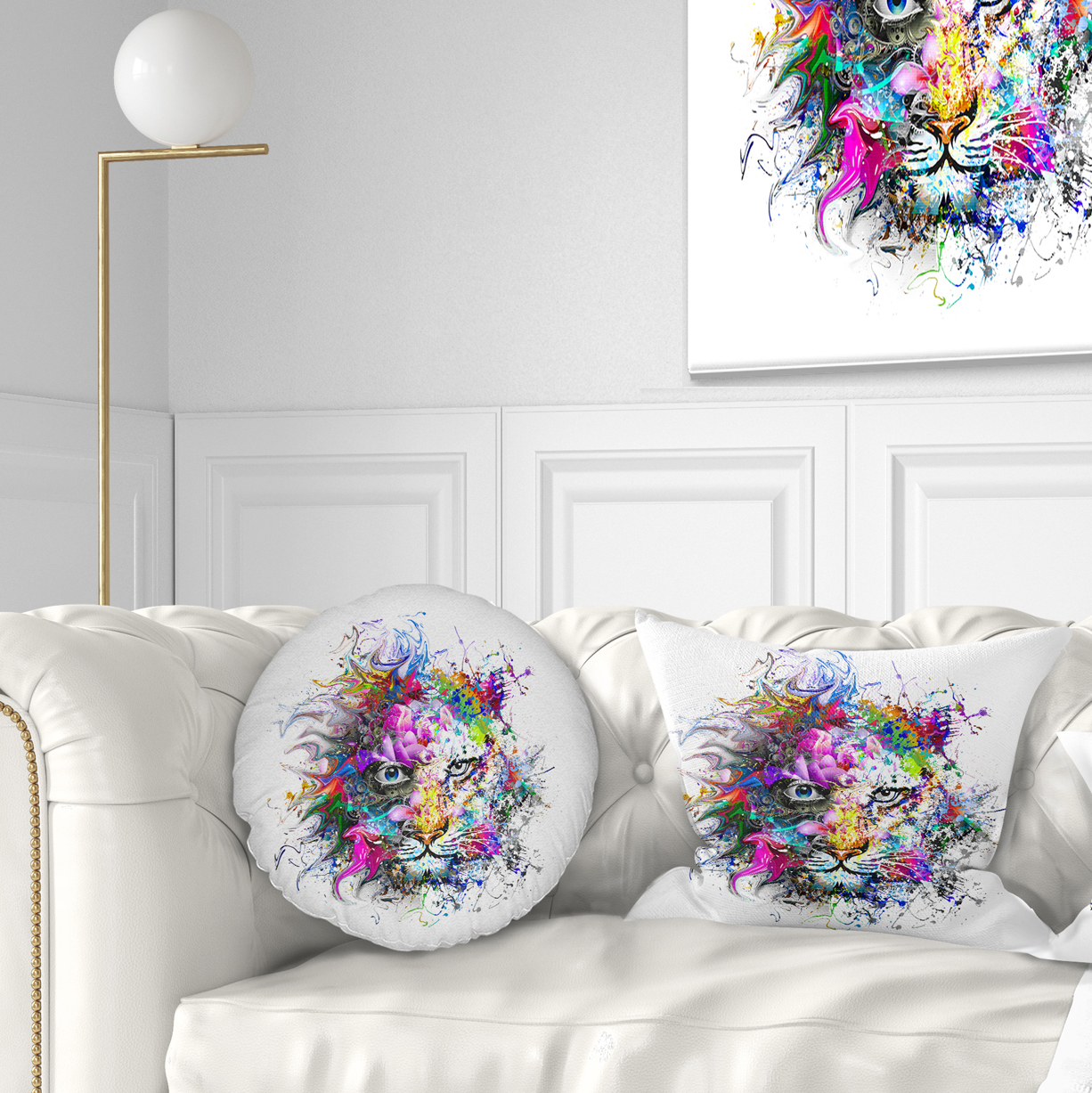 Designart Tiger Face in Colorful Splashes - Abstract Throw Pillow - 12x20