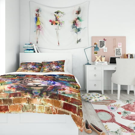 Designart 'Tiger Over Abstract Brick Design' Modern Teen Duvet Cover Set