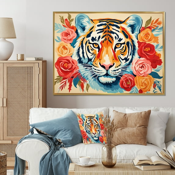 Designart "Tiger Portrait Amidst Pink and Orange Blooms" Animals Framed Wall Art - Modern Farmhouse Orange Tiger Bedroom Framed Canvas Wall Art