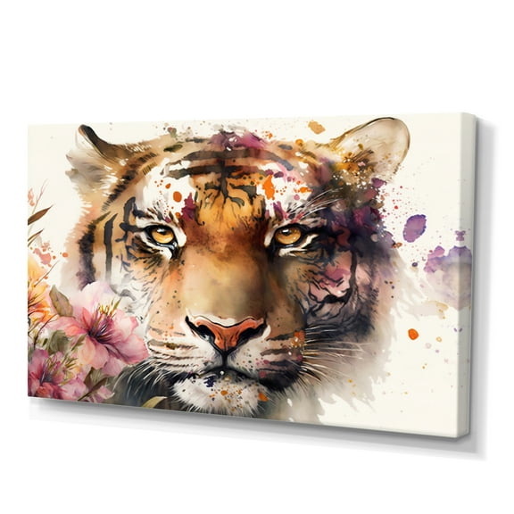 Designart Tiger Portrait With Flowers I Canvas Wall Art
