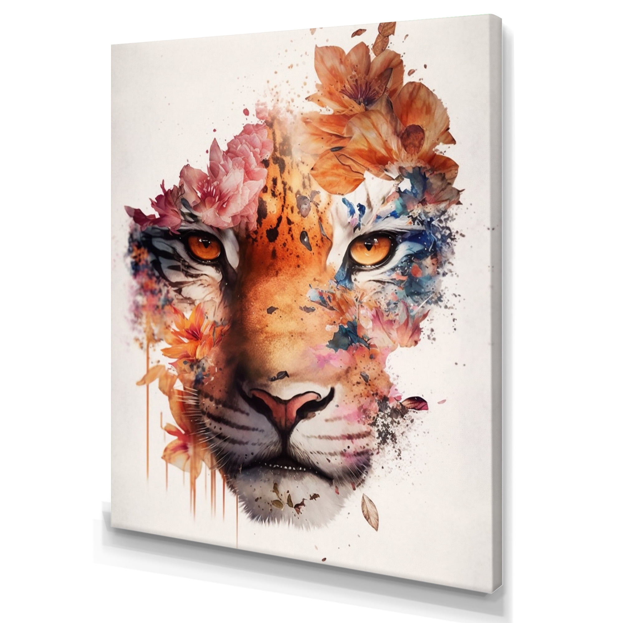Designart Tiger Portrait With Flowers III Canvas Wall Art