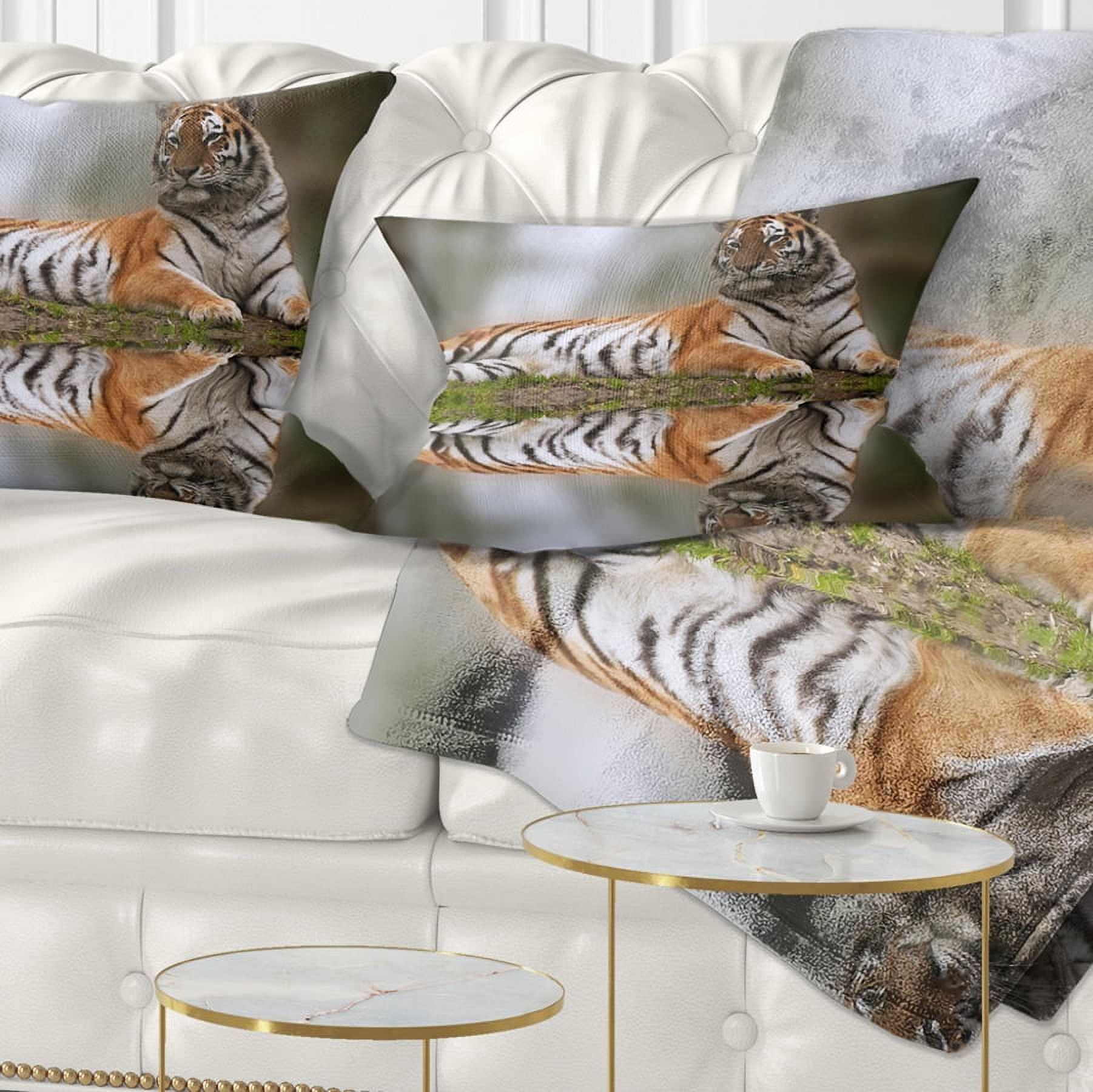 Designart Tiger Reflecting in Water - Animal Throw Pillow - 12x20