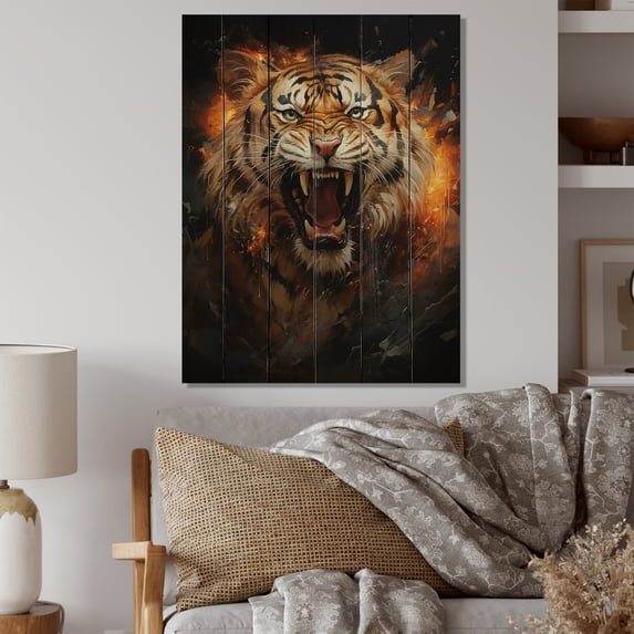 Designart "Tiger Roaring Brown Portrait" Animals Print on Natural Pine Wood