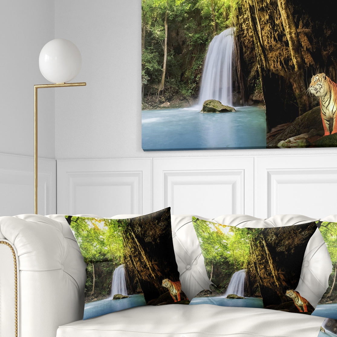Designart Tiger Watching Waterfall - Landscape Photography Throw Pillow - 16x16