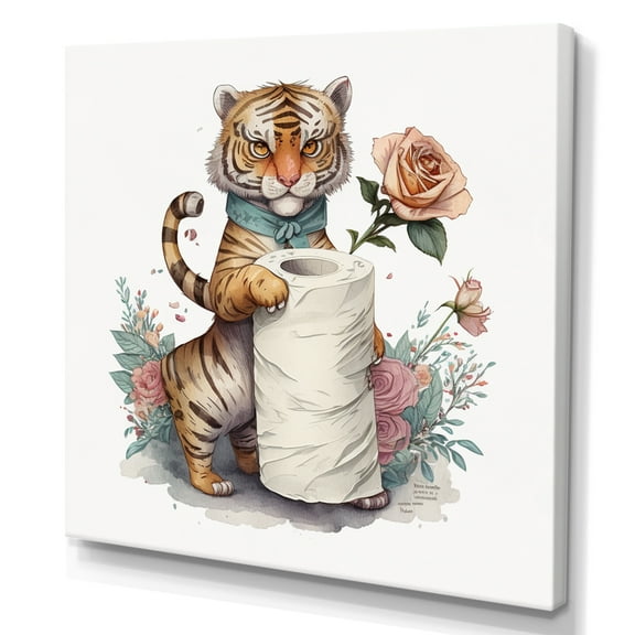 Designart Tiger With Roll Of Toilet Paper And Flowers I Canvas Wall Art