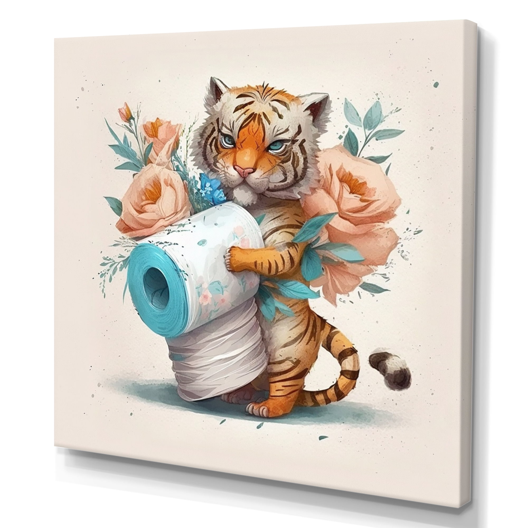 Designart Tiger With Roll Of Toilet Paper And Flowers II Canvas Wall Art