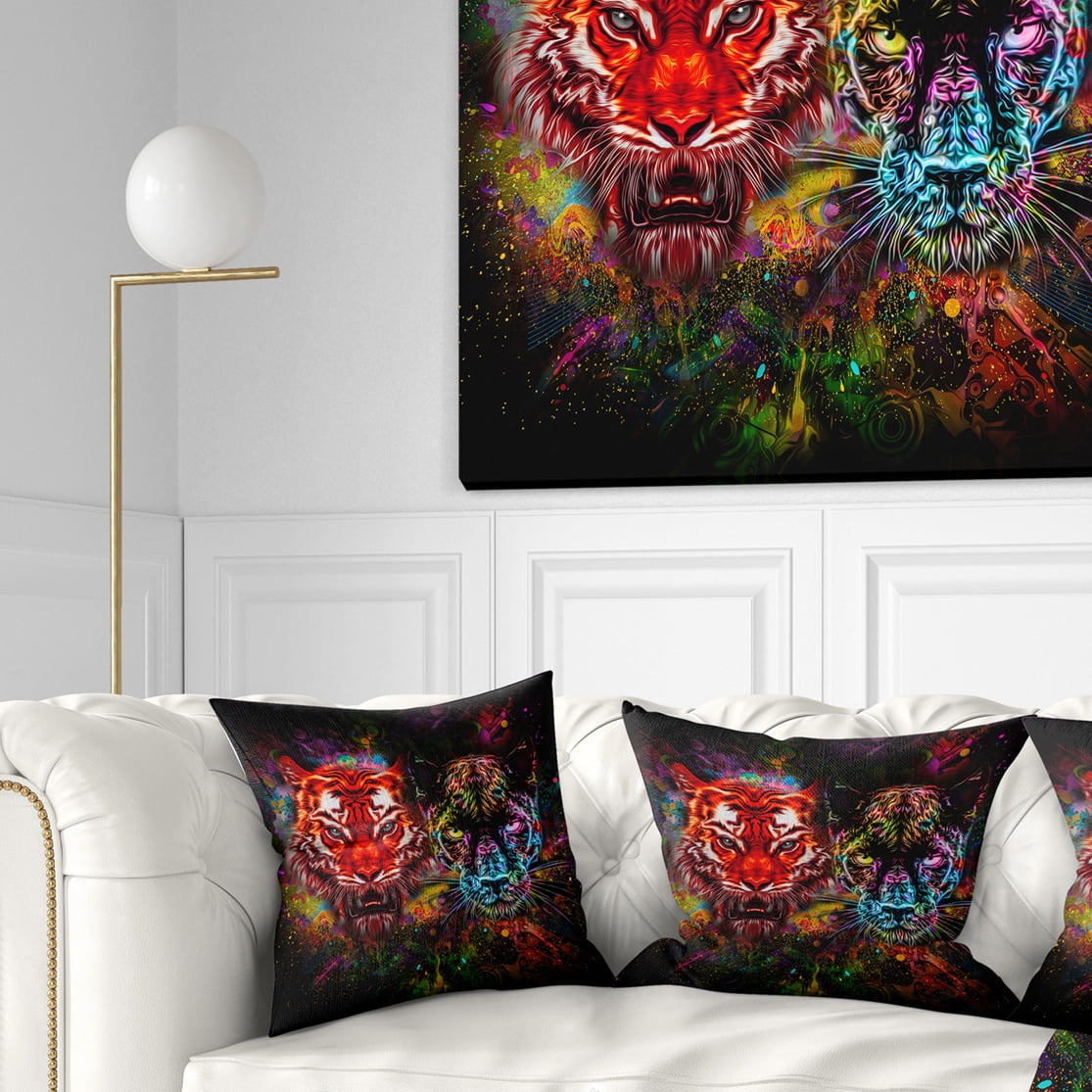 Designart Tiger and Panther with Splashes - Animal Throw Pillow - 16x16
