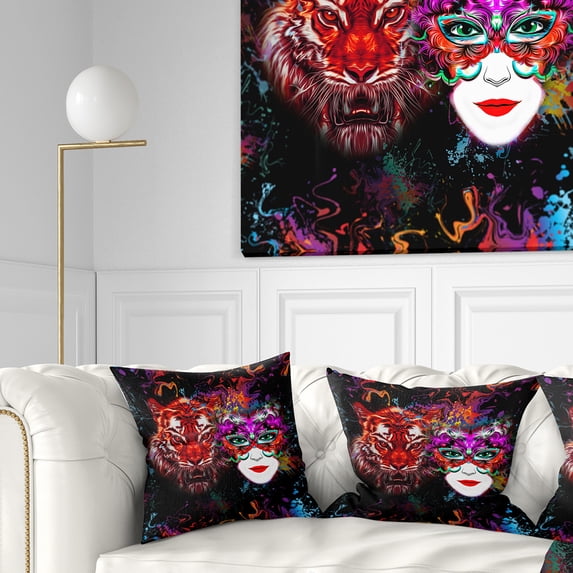 Designart Tiger and Woman Colorful Faces - Abstract Throw Pillow - 18x18