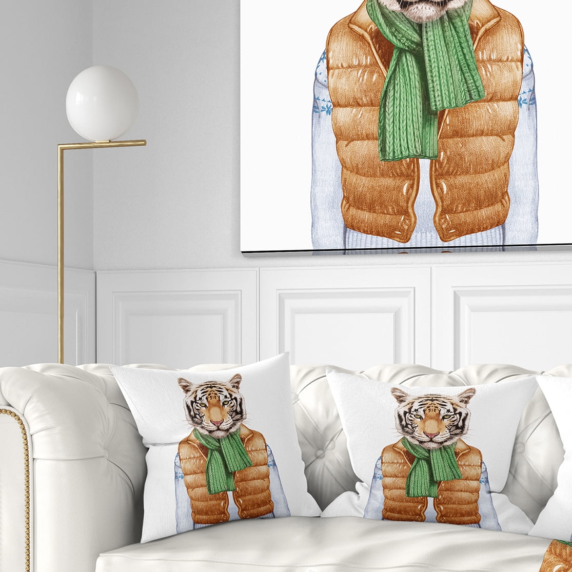 Designart Tiger in Vest and Sweater - Contemporary Animal Throw Pillow - 16x16