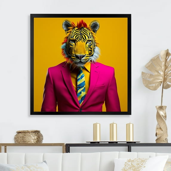 Designart "Tiger in a Pink Suit" Animals Framed Wall Art Decor - Modern Pink Tiger Fashion Bedroom Framed Canvas Wall Art