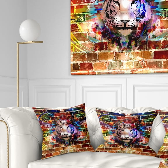 Designart Tiger over Abstract Brick Design - Abstract Throw Pillow - 16x16