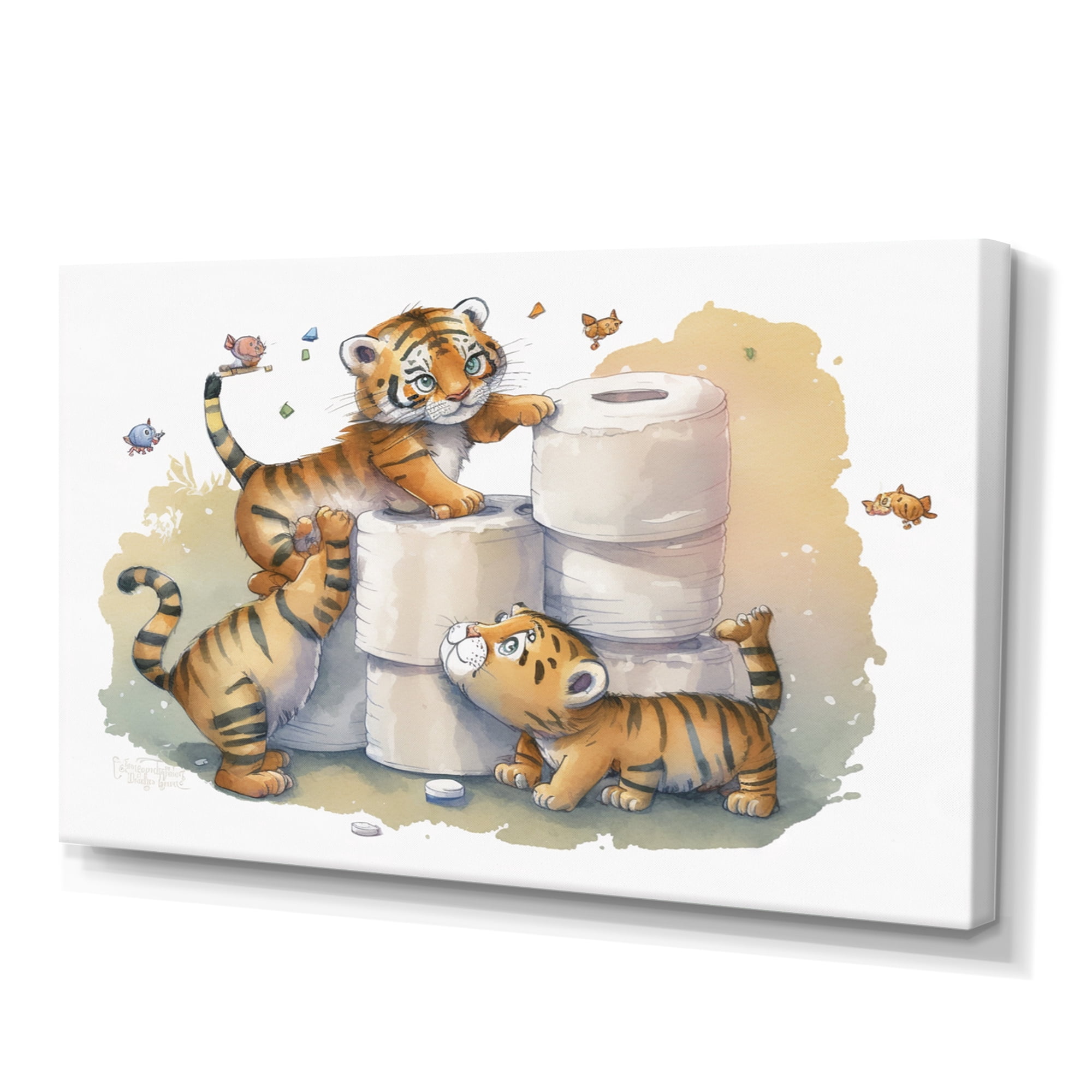 Designart Tigers Building A Tower Of Toilet Paper Canvas Wall Art