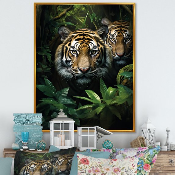 Designart "Tigers In Asian Painting I" Asian Floater Framed Wall Decor