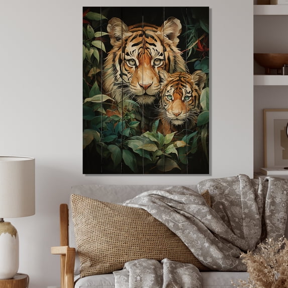 Designart "Tigers In Asian Painting IX" Asian Print on Natural Pine Wood