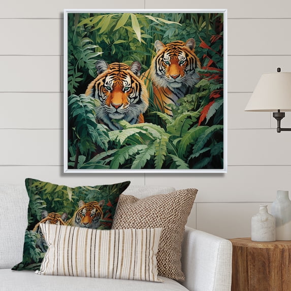 Designart "Tigers In Asian Painting VI" Asian Floater Framed Canvas Print