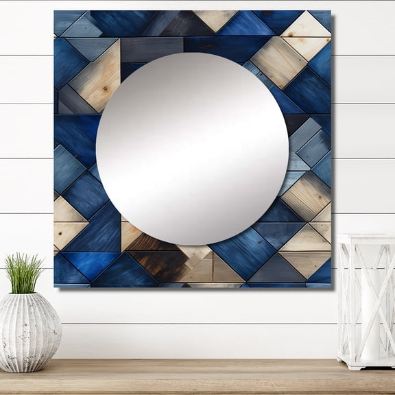 Designart "Tiled Symmetry in Beige and Blue I" 0 Blue Large Square Mirror - Square Bedroom Mirror Printed Wall Decor - Modern Square Printed Wall Mirror Art