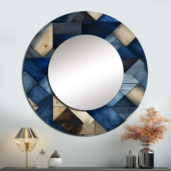 Designart "Tiled Symmetry in Beige and Blue I" Geometric Round Mirror Wall Decor Modern - Large Blue Round Bathroom Mirror - Round Mirror - 23" x 23"