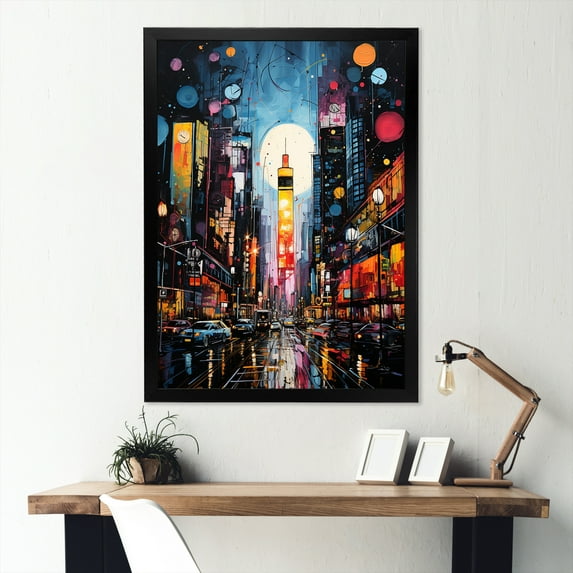 Designart "Time Square Lights in New York City I" Cityscapes Framed Wall Art - Industrial Blue New York City Entryway Framed Wall Art