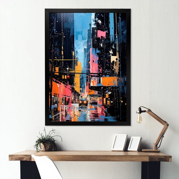 Designart "Time Square Lights in New York City III" Cityscapes Framed Wall Art - Industrial Blue New York City Living Room Framed Canvas Art