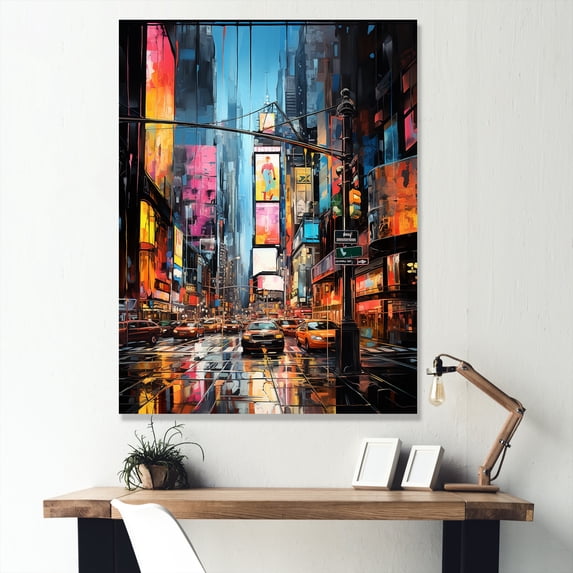 Designart "Time Square Lights in New York City V" Cityscapes Canvas Wall Art - Industrial Blue New York City Entryway Wall Art