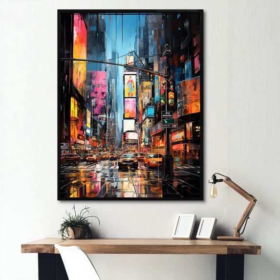 Designart "Time Square Lights in New York City V" Cityscapes Framed Wall Art - Industrial Blue New York City Entryway Framed Wall Art Print