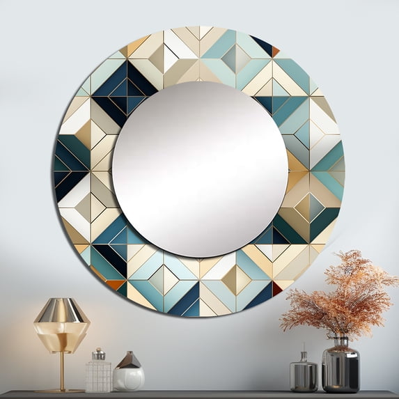 Designart "Time-Worn Charm In Beige Vintage Tiles" Geometric Teal Large Round Mirror - Round Bedroom Mirror Wall Decor - Modern Round Printed Mirror - 23" x 23"