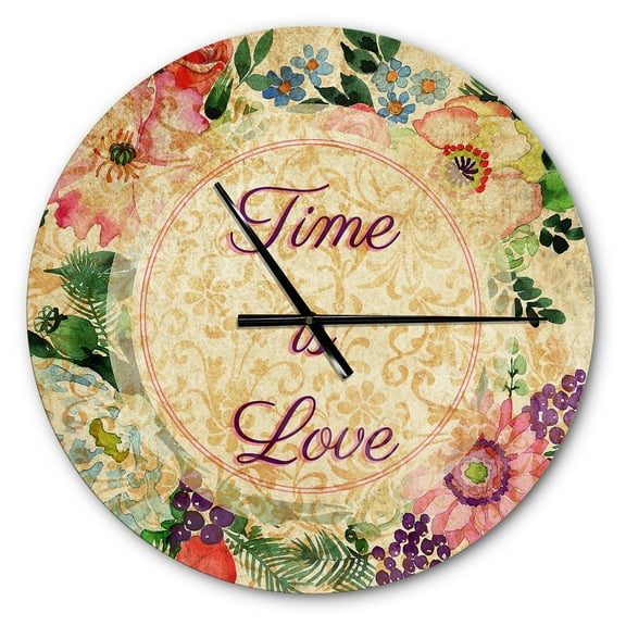 Designart 'Time is Love Pink Floral ' Vintage wall clock