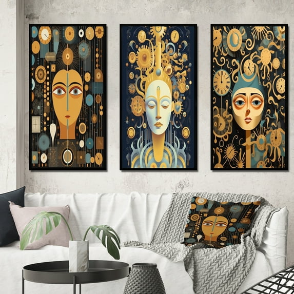 Designart "Timeless Beauty in Retro Futurism I" Woman Sci-Fi Framed Wall Art Set Of 3 - Gold Glam Frame Gallery Set For Office Decor