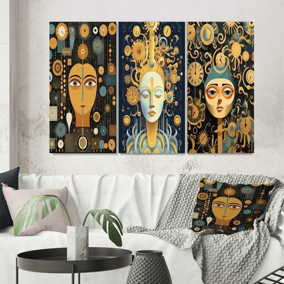 Designart "Timeless Beauty in Retro Futurism I" Woman Sci-Fi Wall Art Set Of 3 - Glam Gold Gallery Set For Office Decor