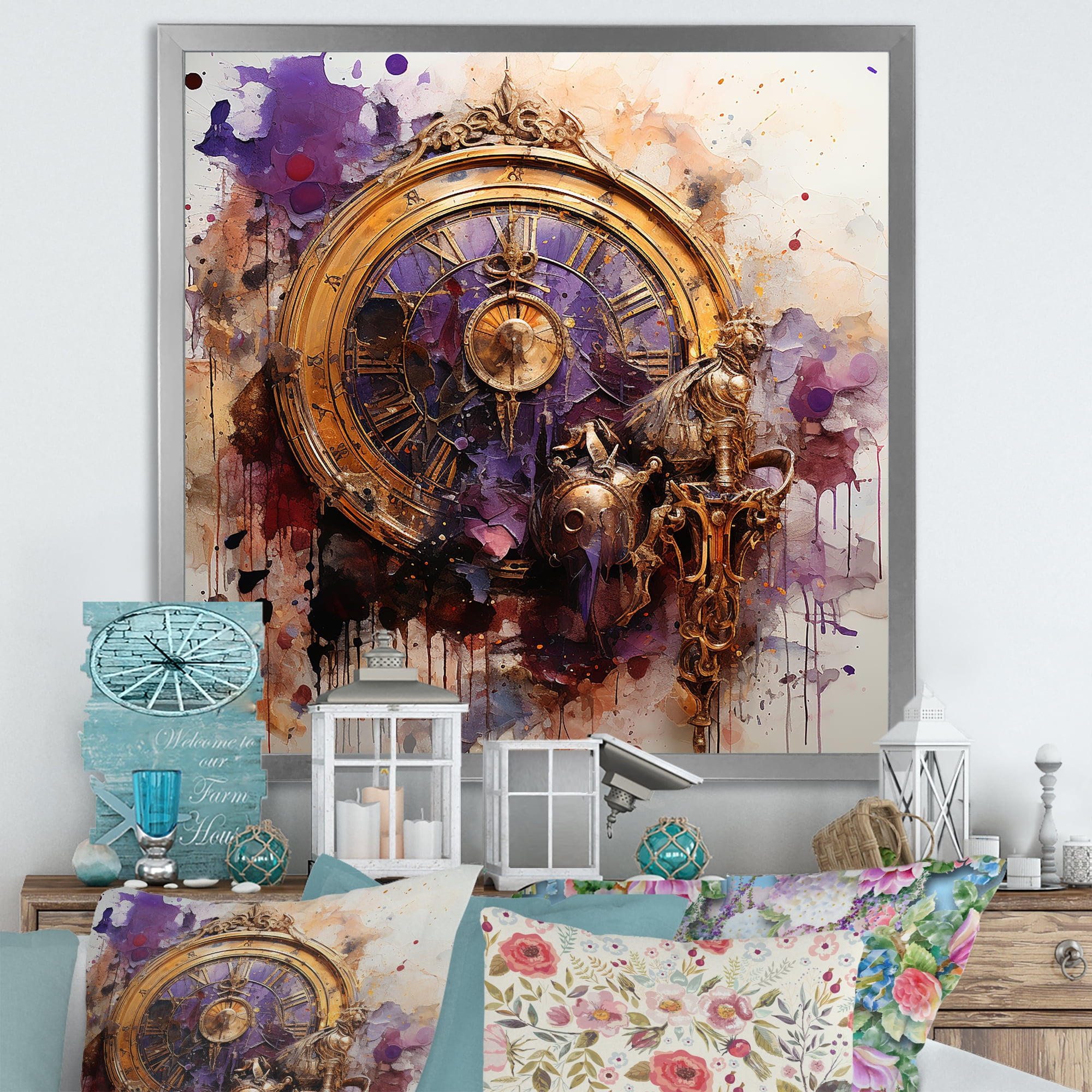 Purple and Yellow Timeless Collage Canvas Art with Silver Frame