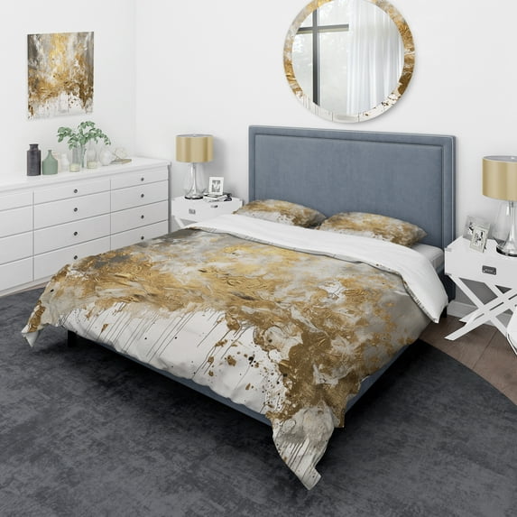 Designart "Timeless Golden Abstract" Abstract Bedding Covert Set - Modern White Bed Set With 1 Shams