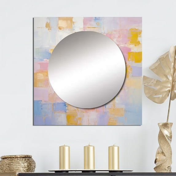 Designart "Timeless Instants In Pastel Rosy Yellow And Blue I" Abstract Painting Square Mirror For Wall Decor - Large Pink Square Printed Wall Mirror Art - Wall Mounted Square Mirror
