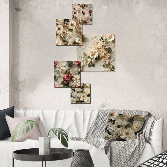 Designart "Timeless Lace Veil Adorned With Red Florals" Floral Wall Art Set Of 5 - Red Cottage Office Room Metal Wall Art Set
