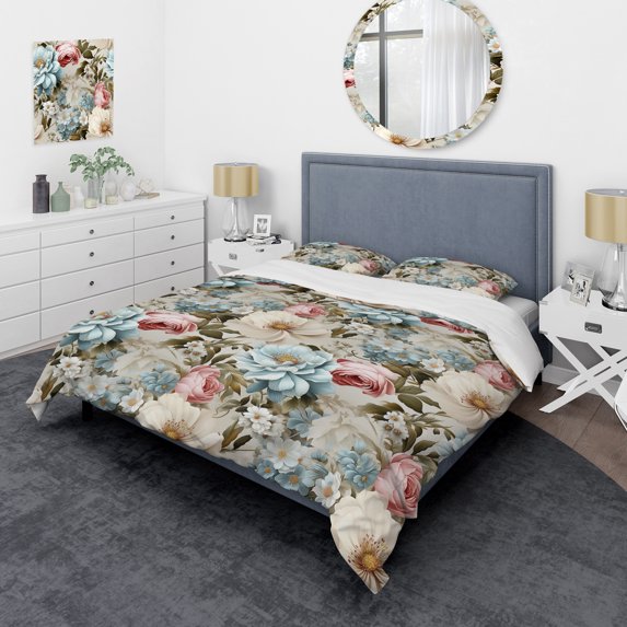 Designart "Timeless Pastel Elegance II" Blue Floral Bedding Covert Set - Cottage Bed Set With 2 Shams