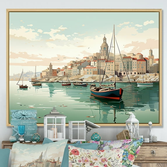 Designart "Timeless Port In Southern Italy" Italy Floater Framed Wall Art Living Room