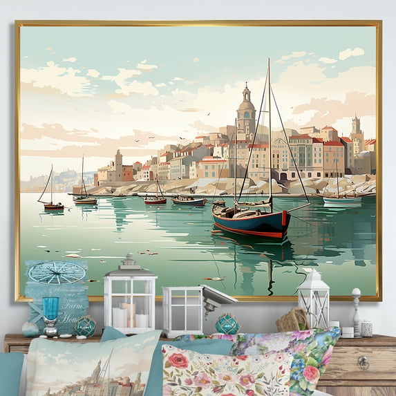Designart "Timeless Port In Southern Italy" Italy Floater Framed Wall Art Living Room