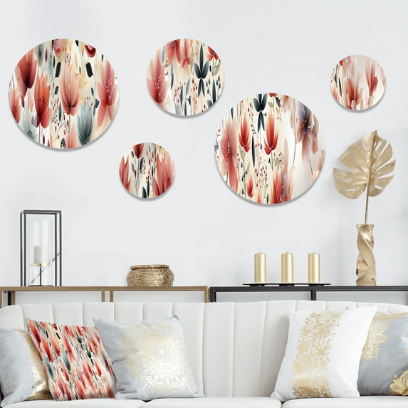 Designart "Timeless Red Floral Charm" Floral Round Wall Art Set Of 5 - Red Cottage Office Room Wall Art Set