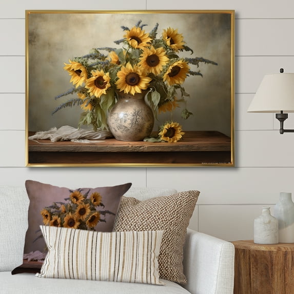 Designart "Timeless Sunflower Bouquet Art I" Sunflowers Floater Framed Wall Art Living Room