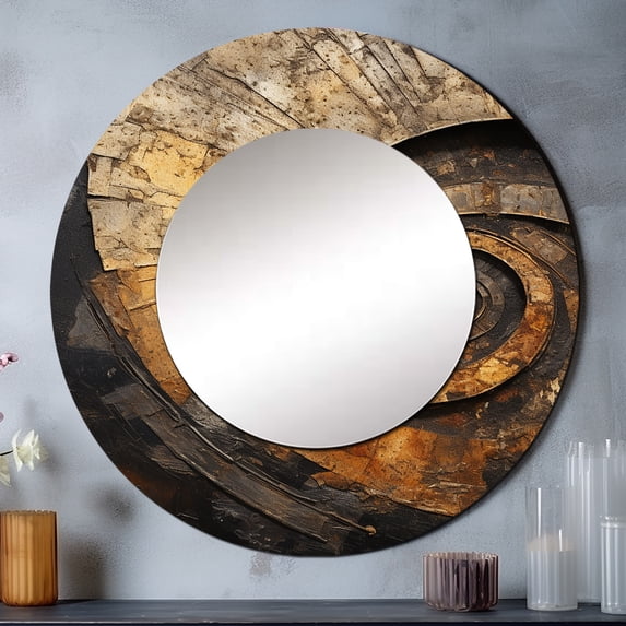 Designart "Timeless Turn in Gold and Black I" Abstract Spirals Rund Mirror For Wall Decor - Large Gold Round Print Mirror - Round Modern Mirror - Wall Mounted Round Large Mirror - 23" x 23"