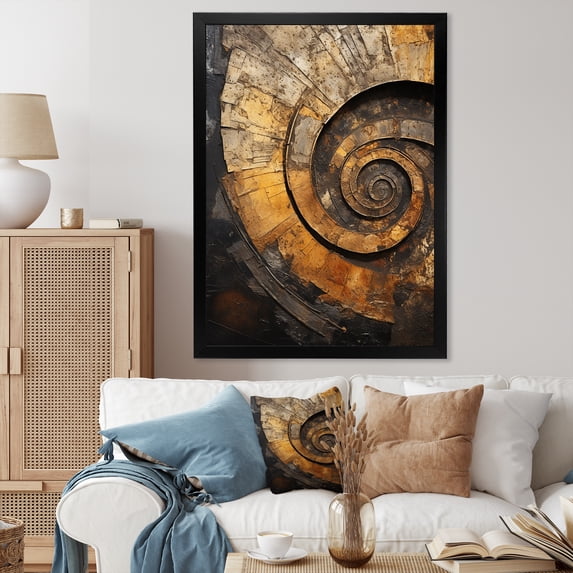 Designart "Timeless Turn In Gold And Black I" Abstract Spirals Picture Framed Canvas Art Print