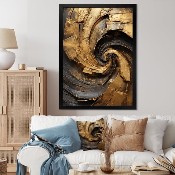 Designart "Timeless Turn In Gold And Black IV" Abstract Spirals Picture Framed Canvas Wall Art