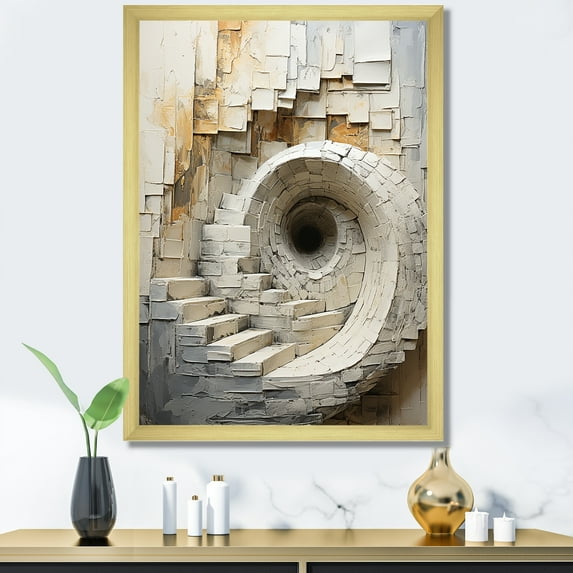 Designart "Timeless Turn In Gold And White" Abstract Spirals Picture Framed Canvas Prints
