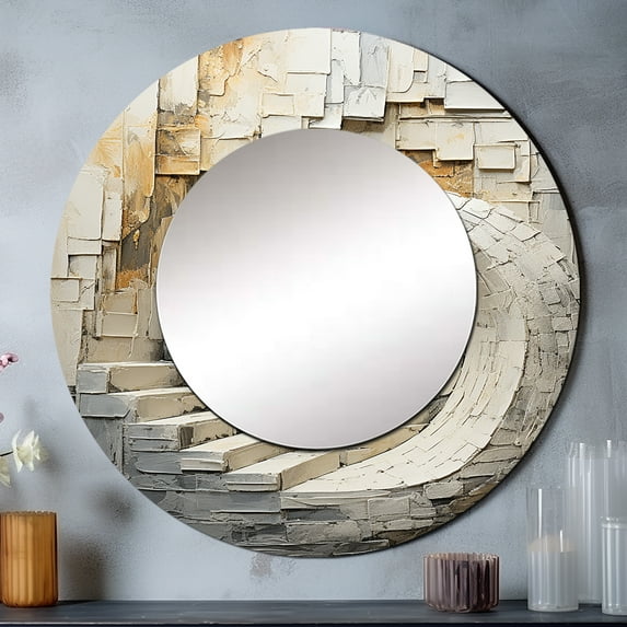 Designart "Timeless Turn In Gold And White" Abstract Spirals Rund Mirror For Wall Decor - Large Gold Round Print Mirror - Round Modern Mirror - Wall Mounted Round Large Mirror - 29" x 29"