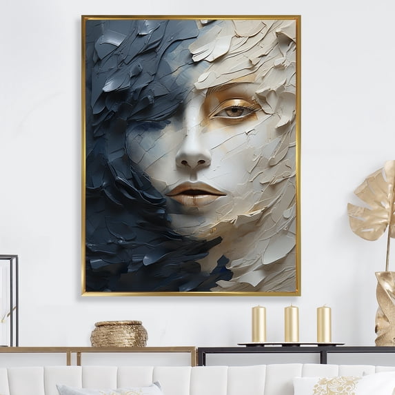 Designart "Timeless Woman Portrait In Beige And White" Modern Woman Floater Framed Wall Decor