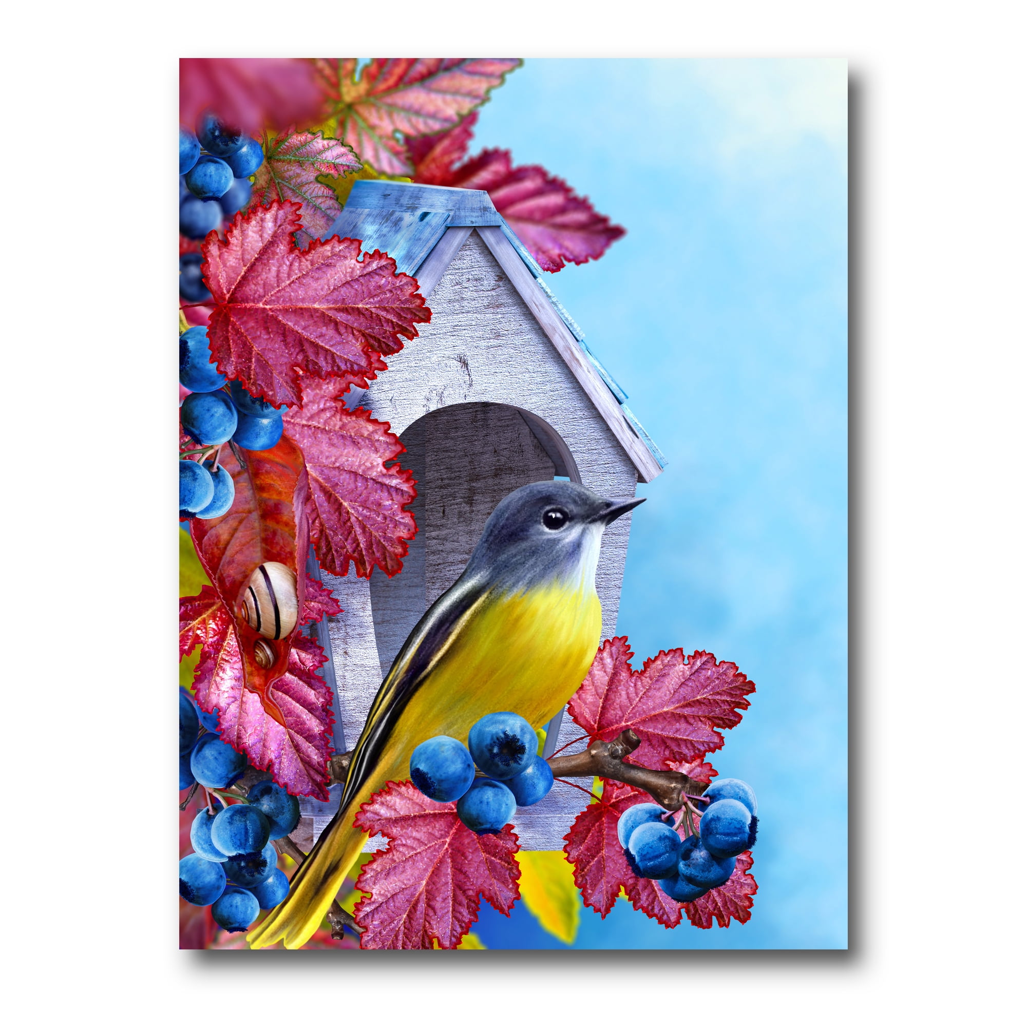 Designart ' Titmouse Bird Sitting On A Berries Branch Near A Birdhouse ' Traditional Canvas Wall Art Print
